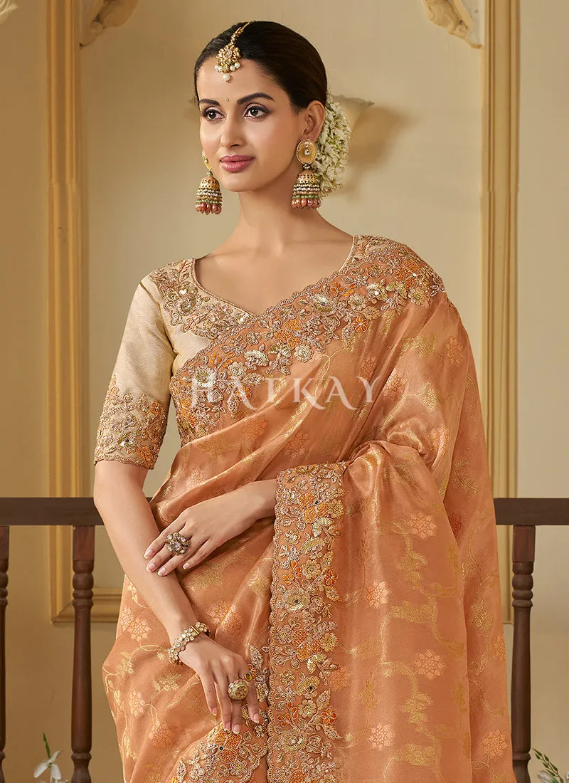 Orange Golden Multi Embroidery Tissue Silk Saree