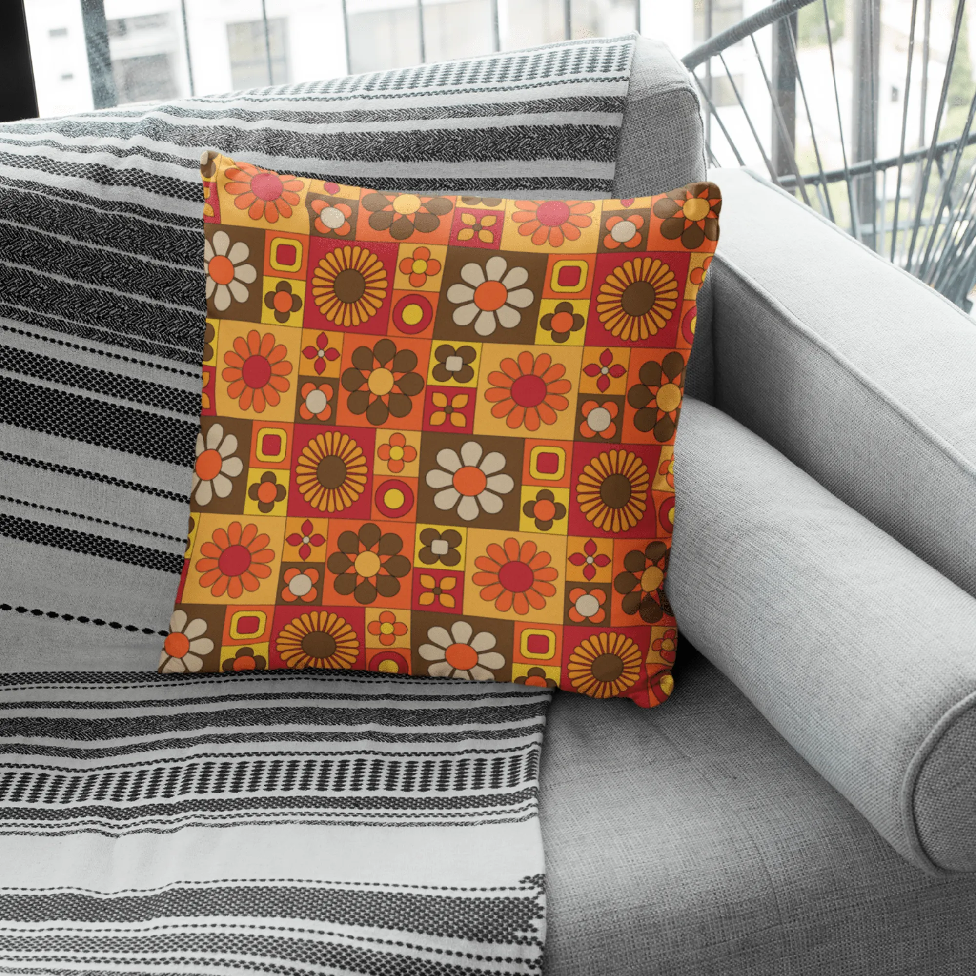 Orange Mod Daisy Faux Suede Throw Pillow Covers