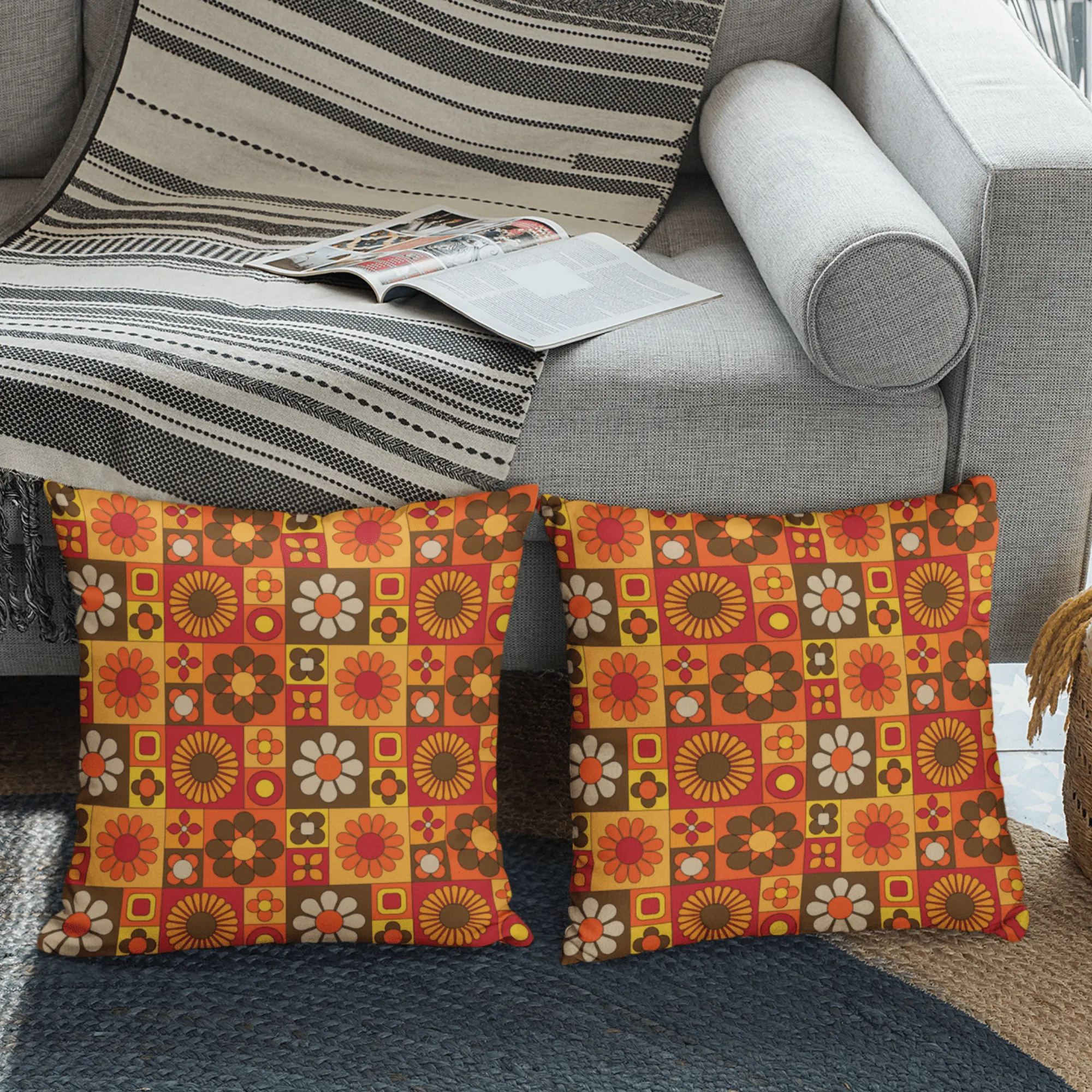 Orange Mod Daisy Faux Suede Throw Pillow Covers
