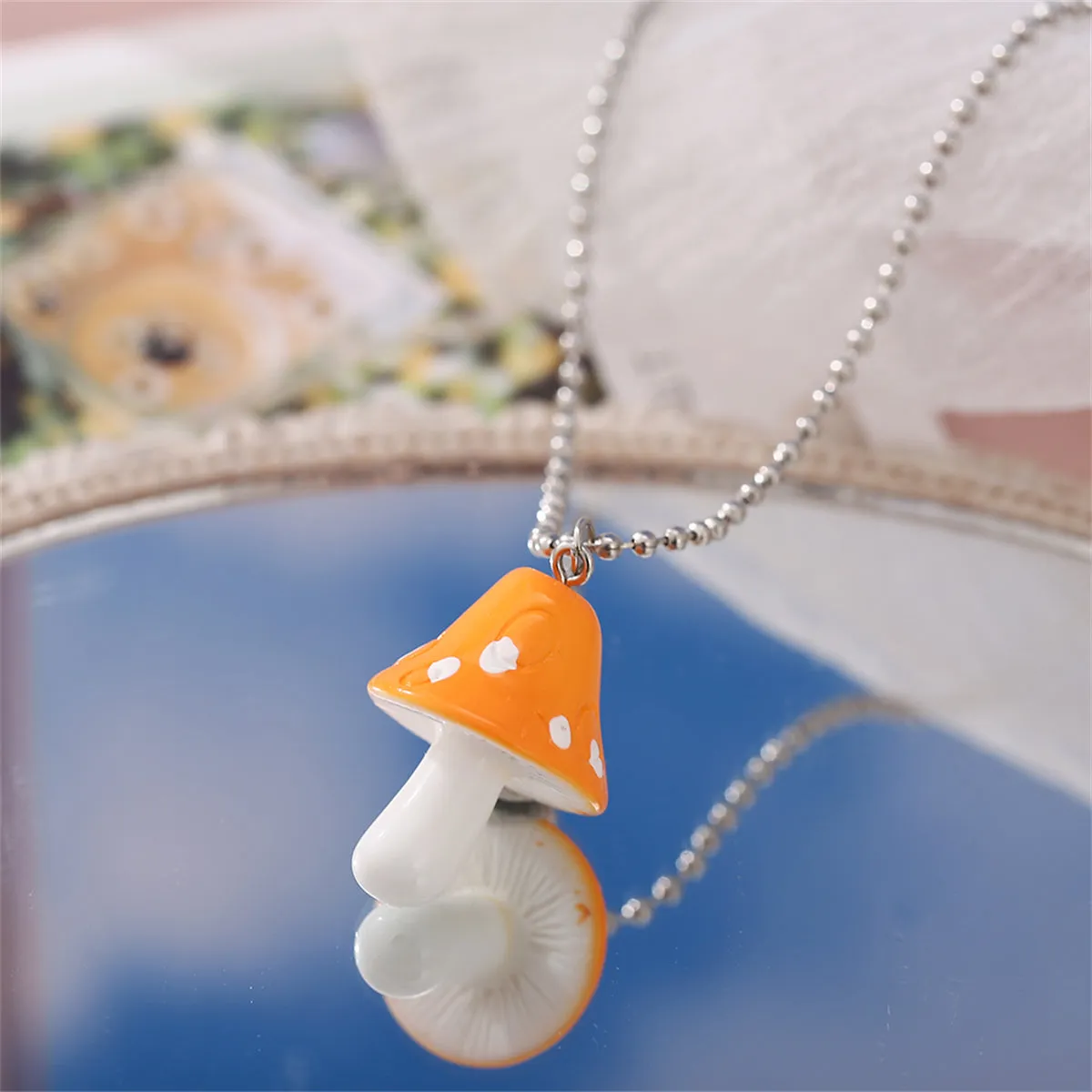 Orange Resin & Silver-Plated Ball Chain Mushroom Pendant Necklace
