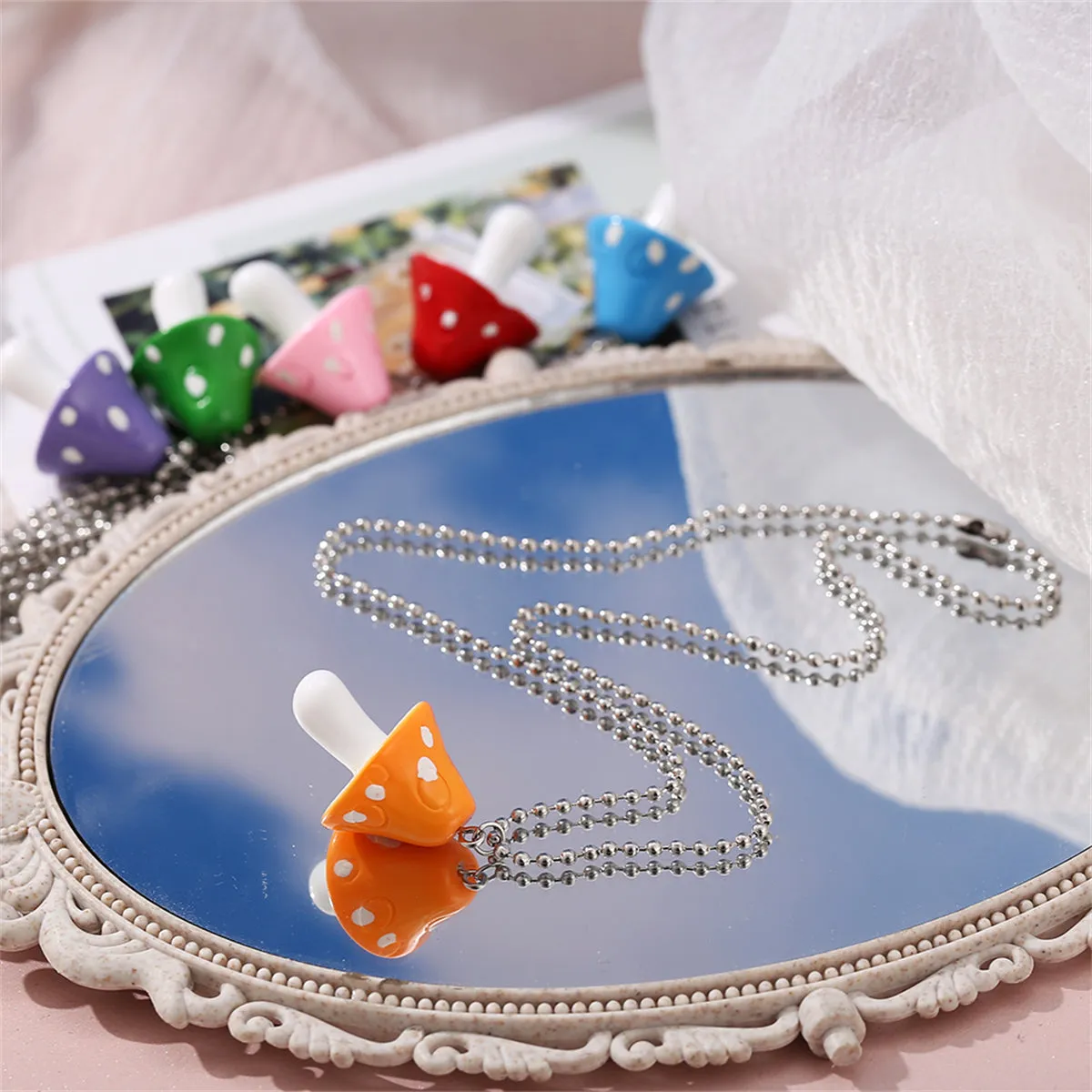 Orange Resin & Silver-Plated Ball Chain Mushroom Pendant Necklace