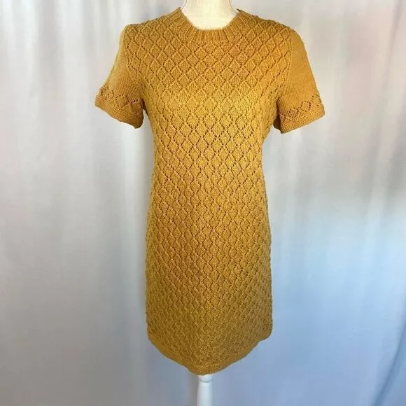Original &amp; Rare Mod Vintage 1960's Handmade Crocheted Knitted Mini Dress Mustard