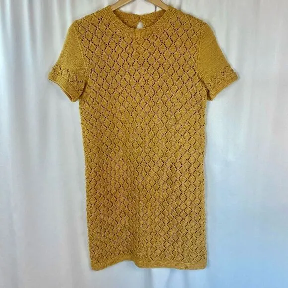 Original &amp; Rare Mod Vintage 1960's Handmade Crocheted Knitted Mini Dress Mustard