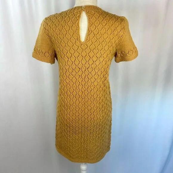 Original &amp; Rare Mod Vintage 1960's Handmade Crocheted Knitted Mini Dress Mustard