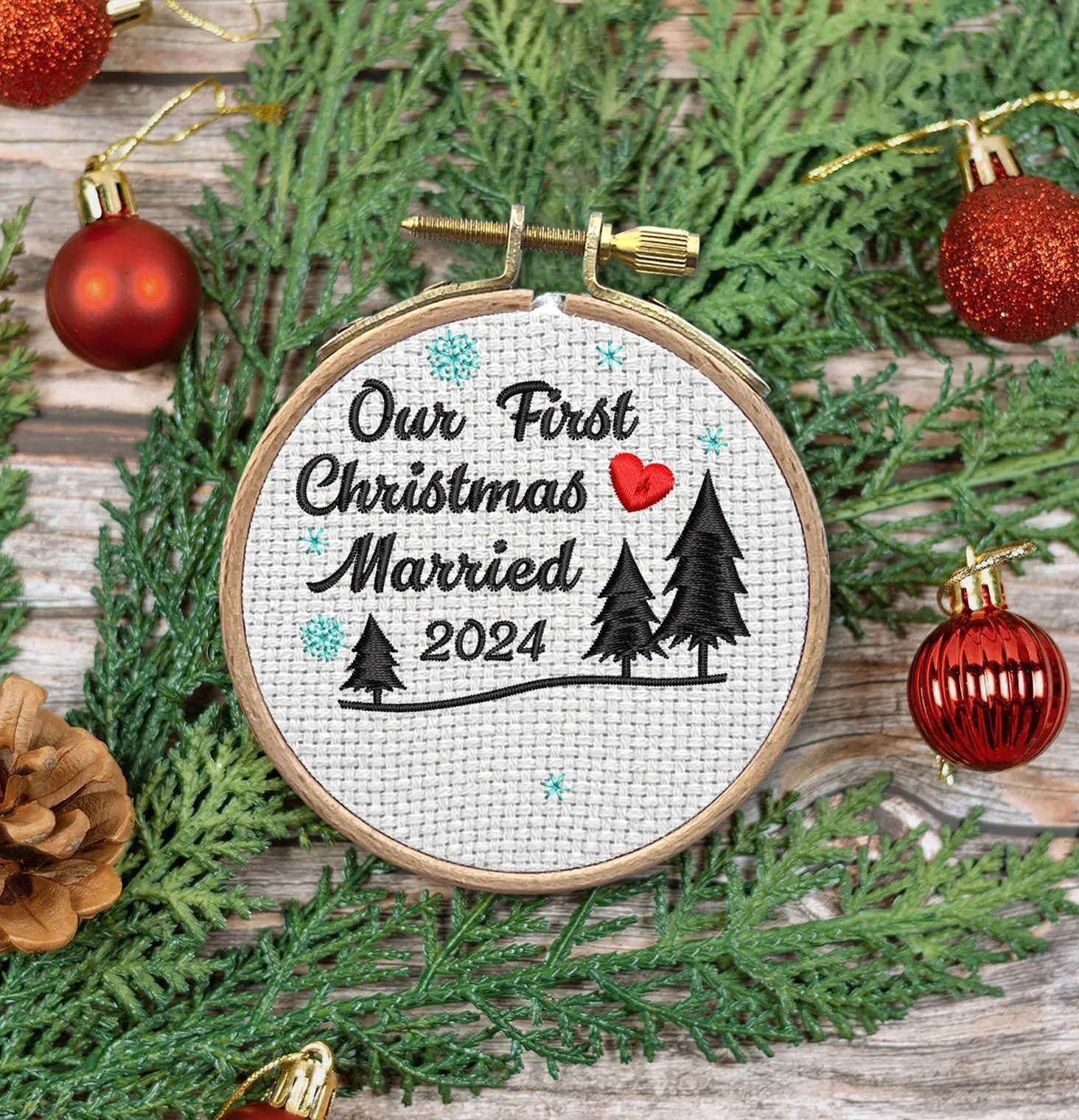 Our First Christmas Married 2024 Embroidered Christmas Ornaments