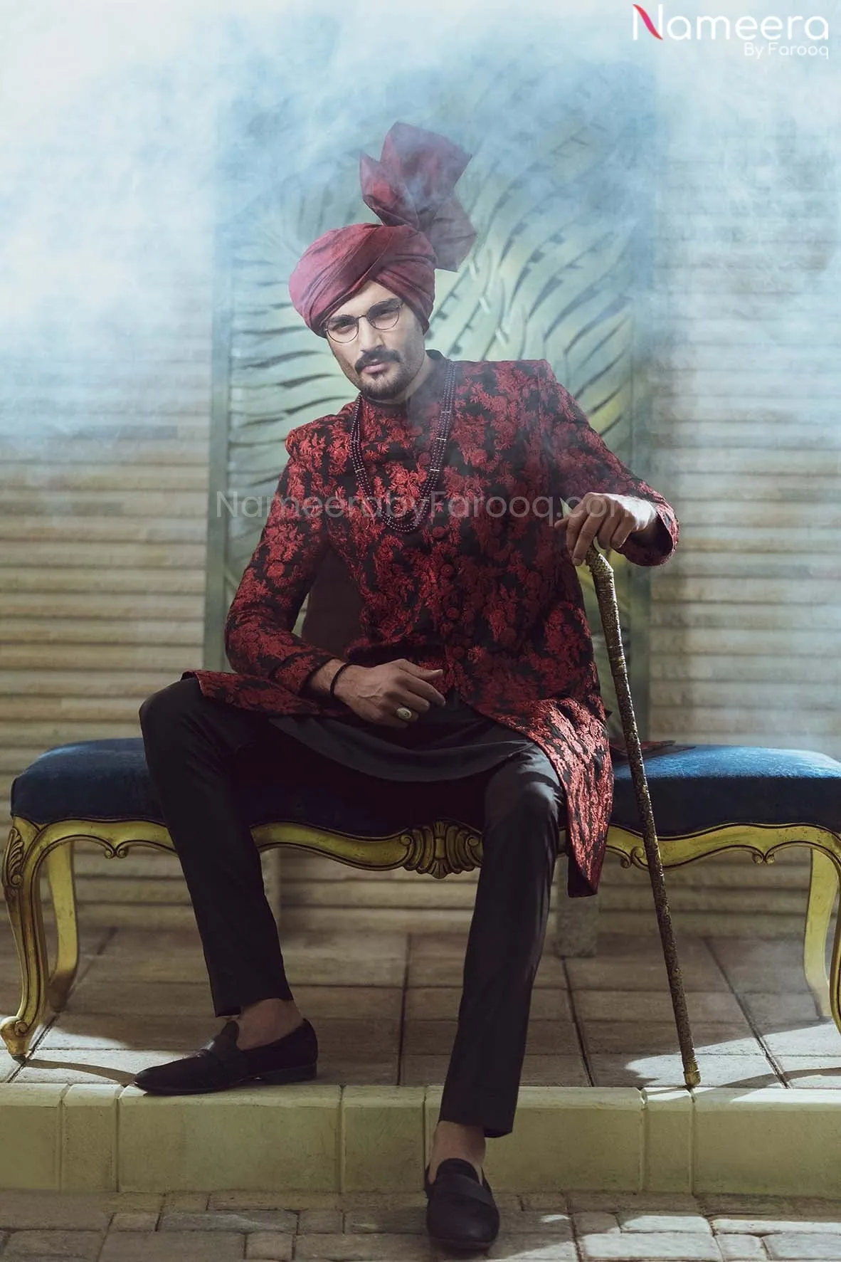 Pakistani Designer Jamawar Red Sherwani for Men #GN04