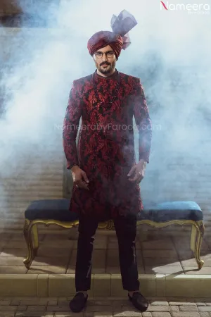 Pakistani Designer Jamawar Red Sherwani for Men #GN04