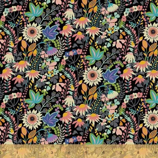 Paradiso Flower Bed Black Fabric 51932D-2 by Sally Kelly