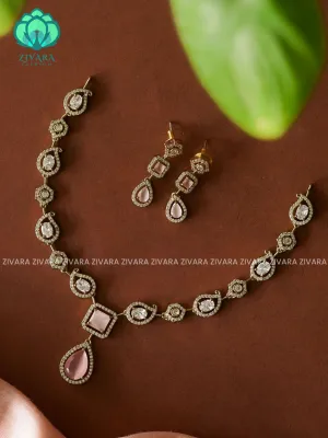 PASTEL PINK WHITE STONE TEAR PENDANT   - stylish and minimal elegant neckwear with earrings- Zivara Fashion