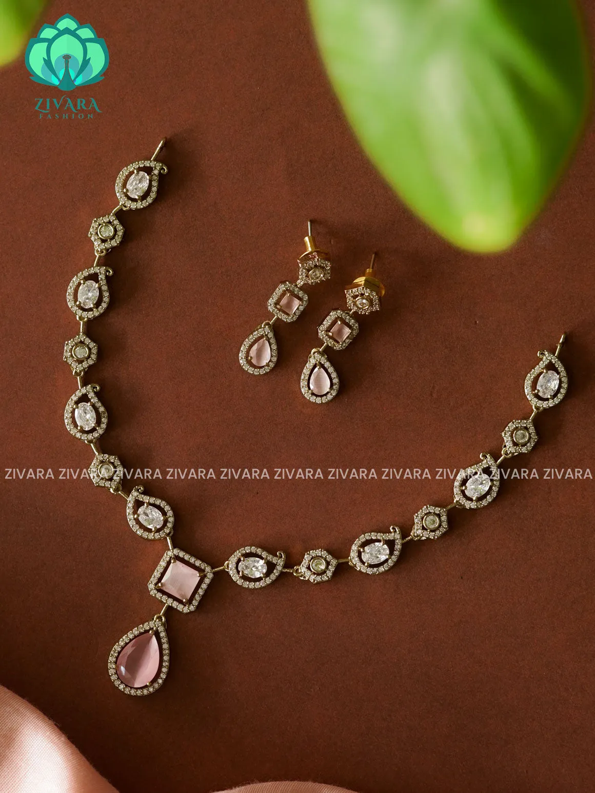 PASTEL PINK WHITE STONE TEAR PENDANT   - stylish and minimal elegant neckwear with earrings- Zivara Fashion
