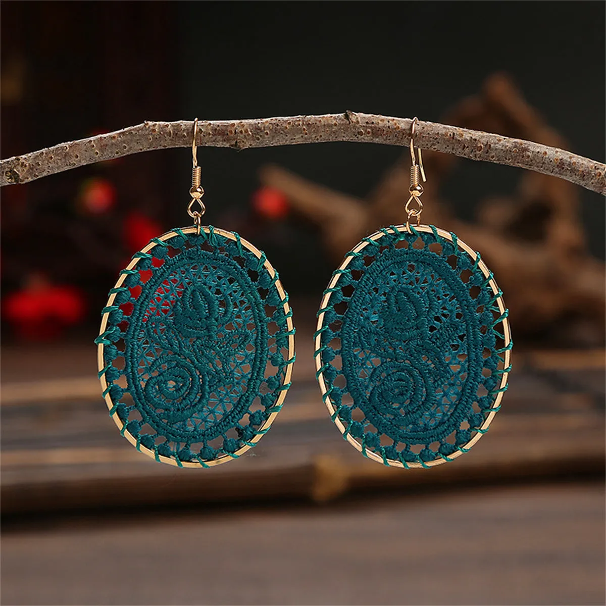 Peacock Blue Polyster & 18K Gold-Plated Botanical Oval Drop Earrings
