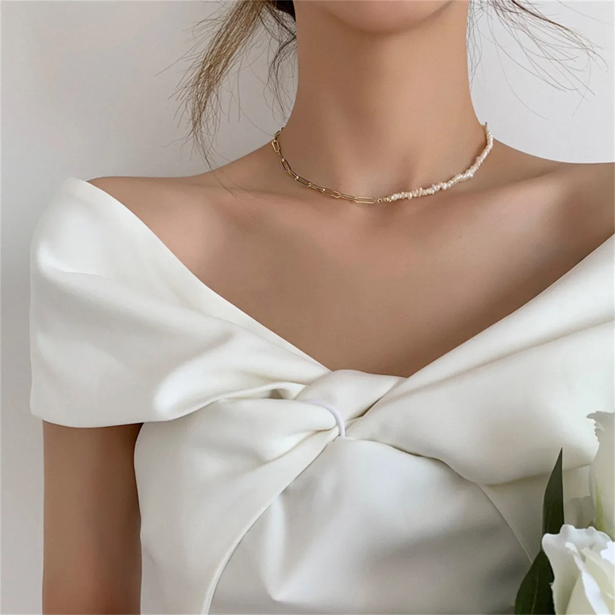Pearl & 18K Gold-Plated Asymmetrical Chain Choker Necklace
