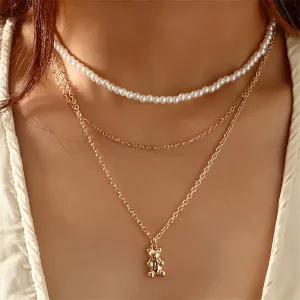 Pearl & 18K Gold-Plated Bear Layered Pendant Necklace