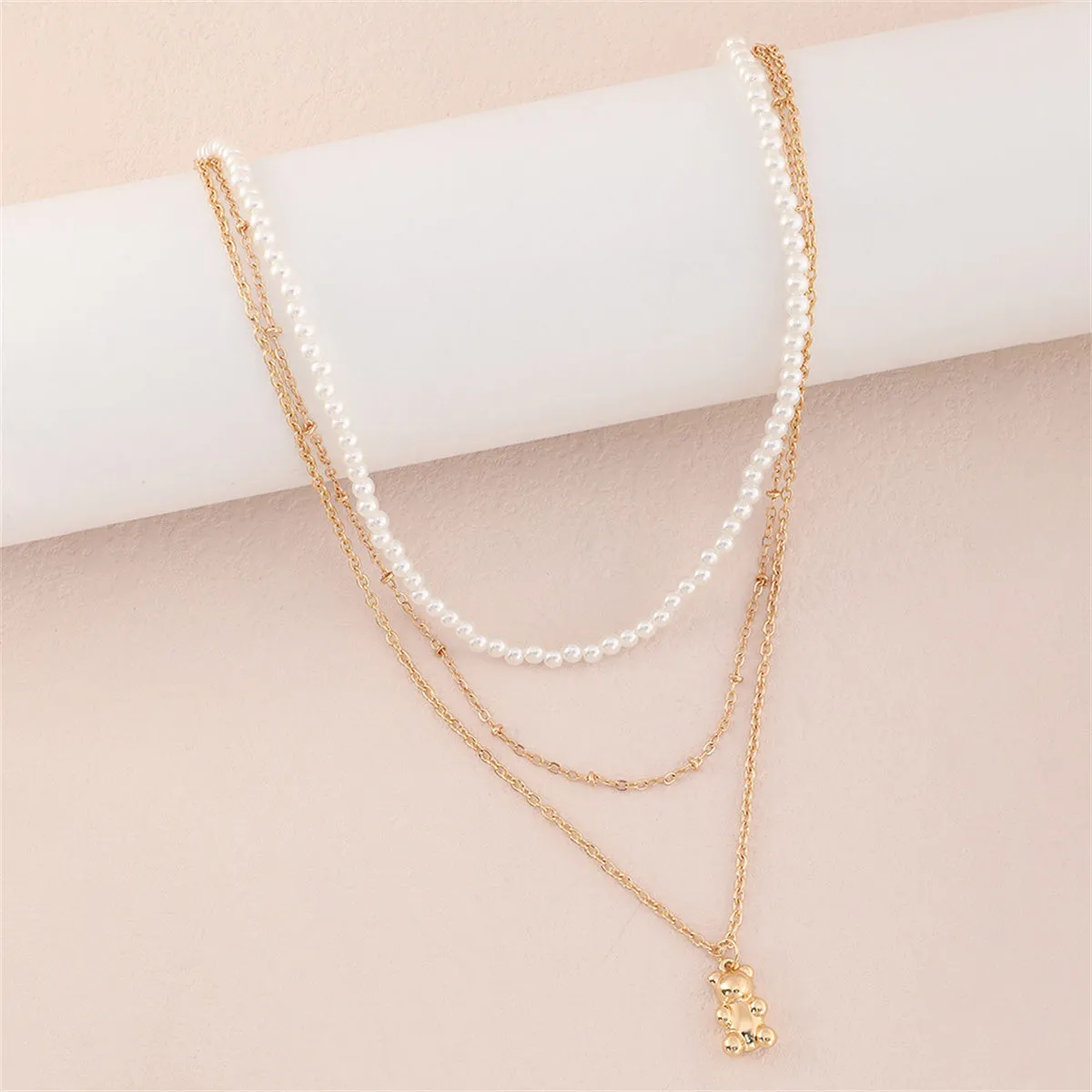 Pearl & 18K Gold-Plated Bear Layered Pendant Necklace