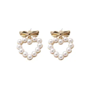 Pearl & 18K Gold-Plated Bow Heart Drop Earrings