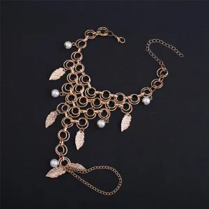 Pearl & 18K Gold-Plated Leaf Anklet-to-Toe Ring Set