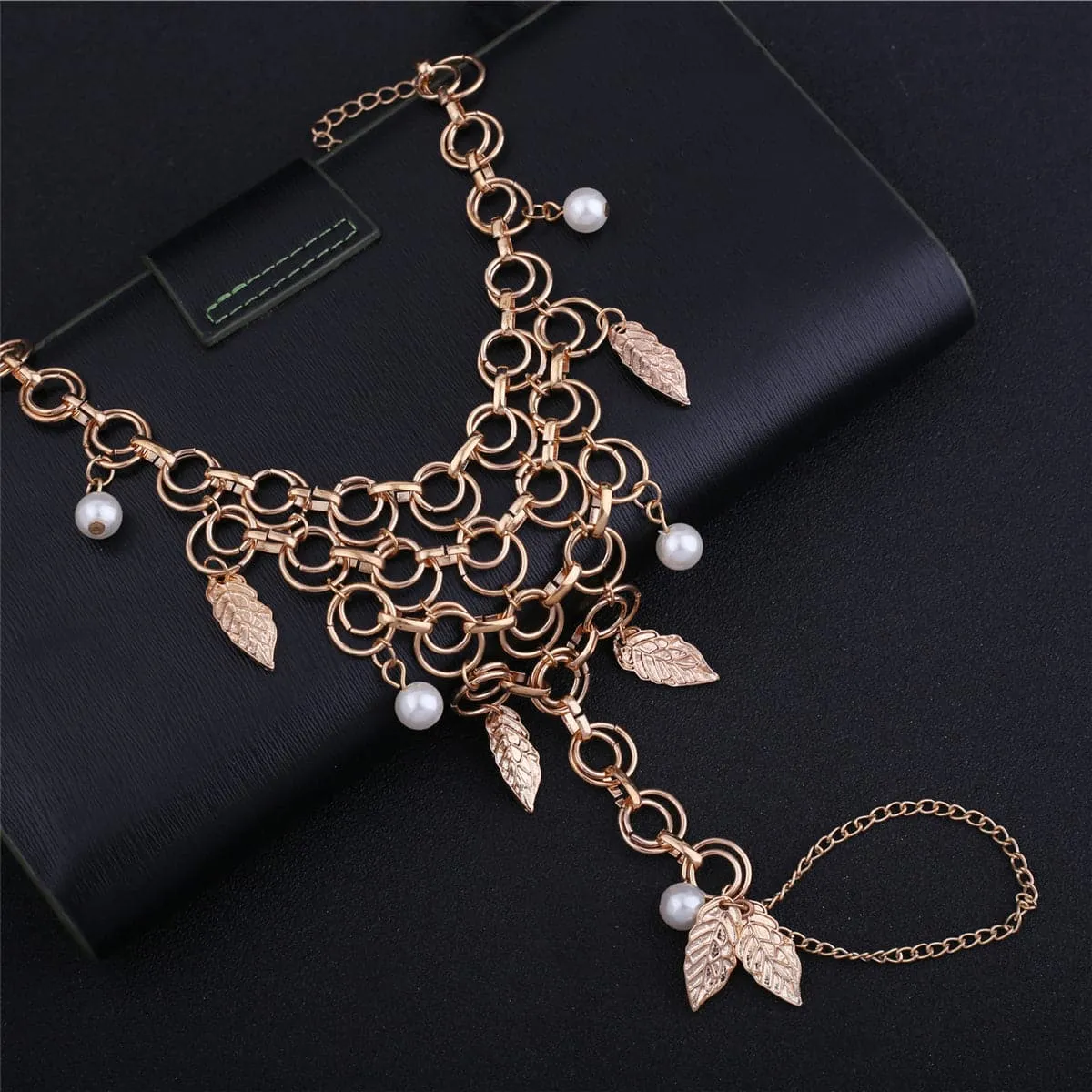 Pearl & 18K Gold-Plated Leaf Anklet-to-Toe Ring Set