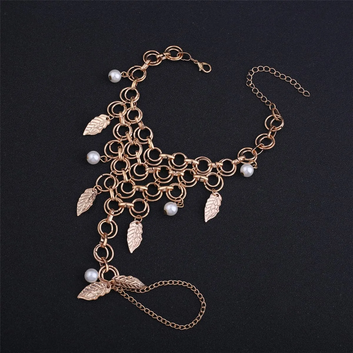 Pearl & 18K Gold-Plated Leaf Anklet-to-Toe Ring Set