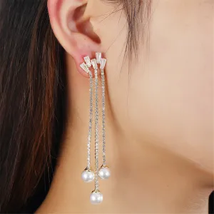 Pearl & Cubic Zirconia 18K Gold-Plated Ball Strand Drop Earrings