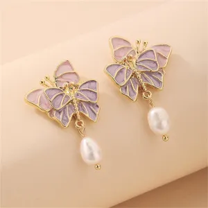 Pearl & Enamel Pastel Tiered Butterfly Drop Earrings