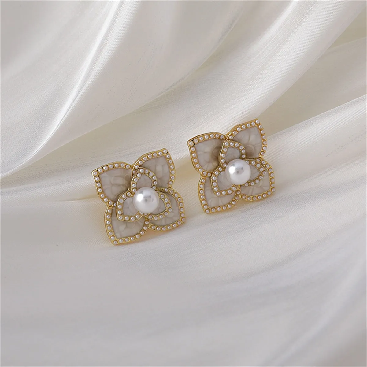 Pearl & White Camellia 18K Gold-Plated Stud Earrings