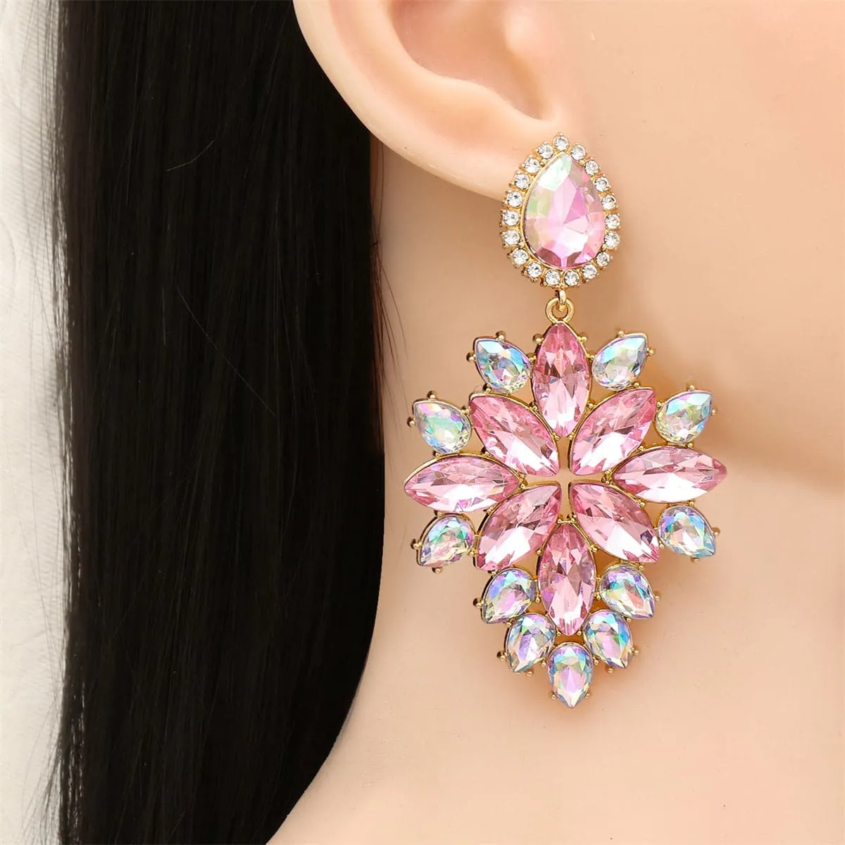 Pink Crystal & Cubic Zirconia Marquise-Cut Drop Earrings