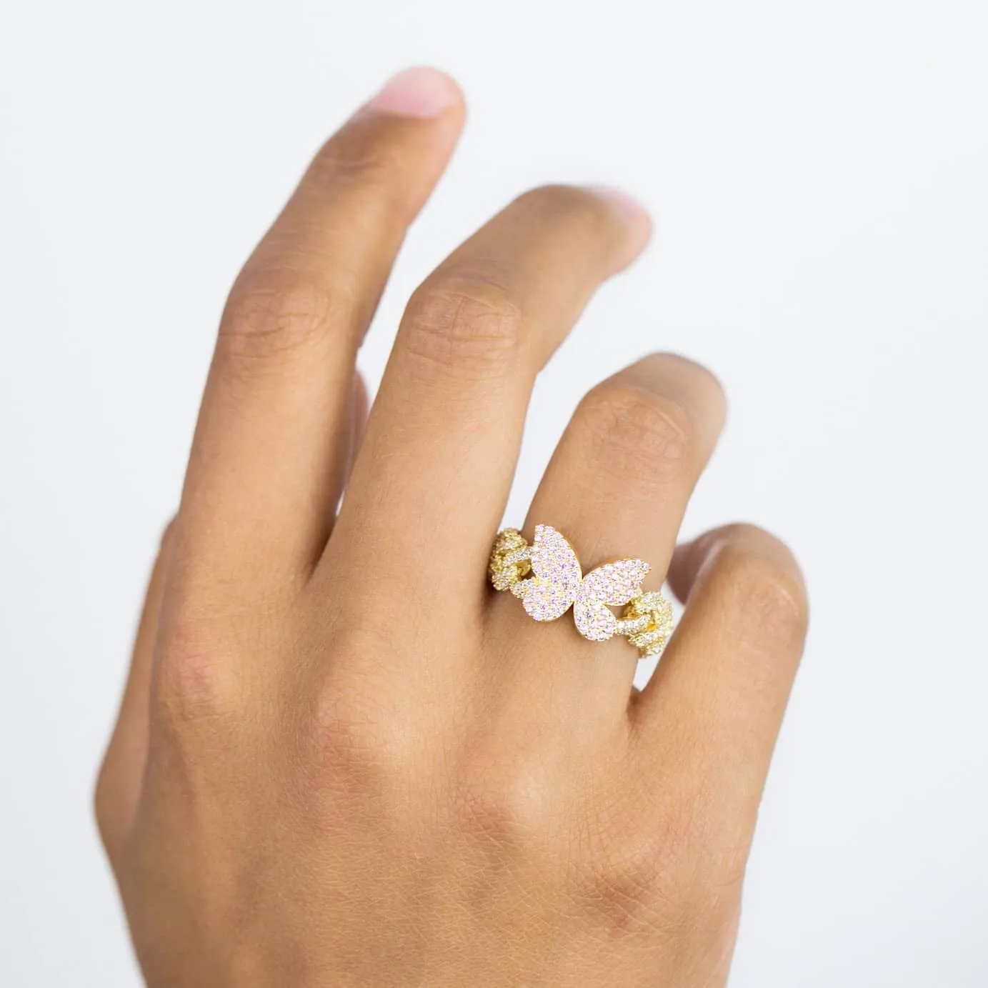 Pink Pavé Butterfly Chain Link Ring
