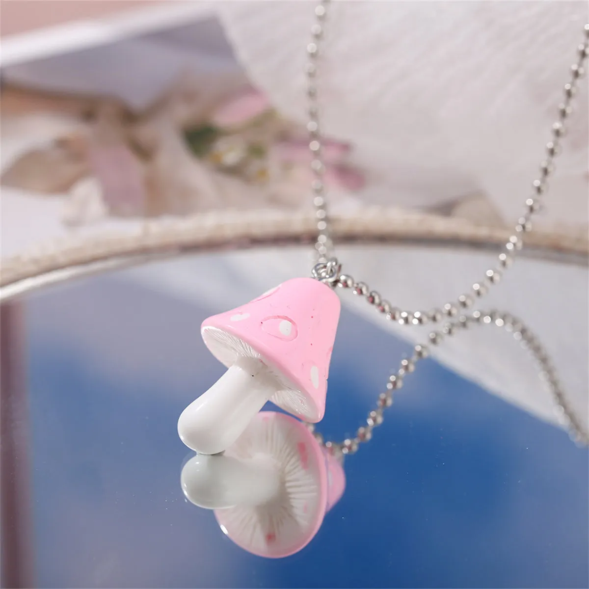 Pink Resin & Silver-Plated Ball Chain Mushroom Pendant Necklace