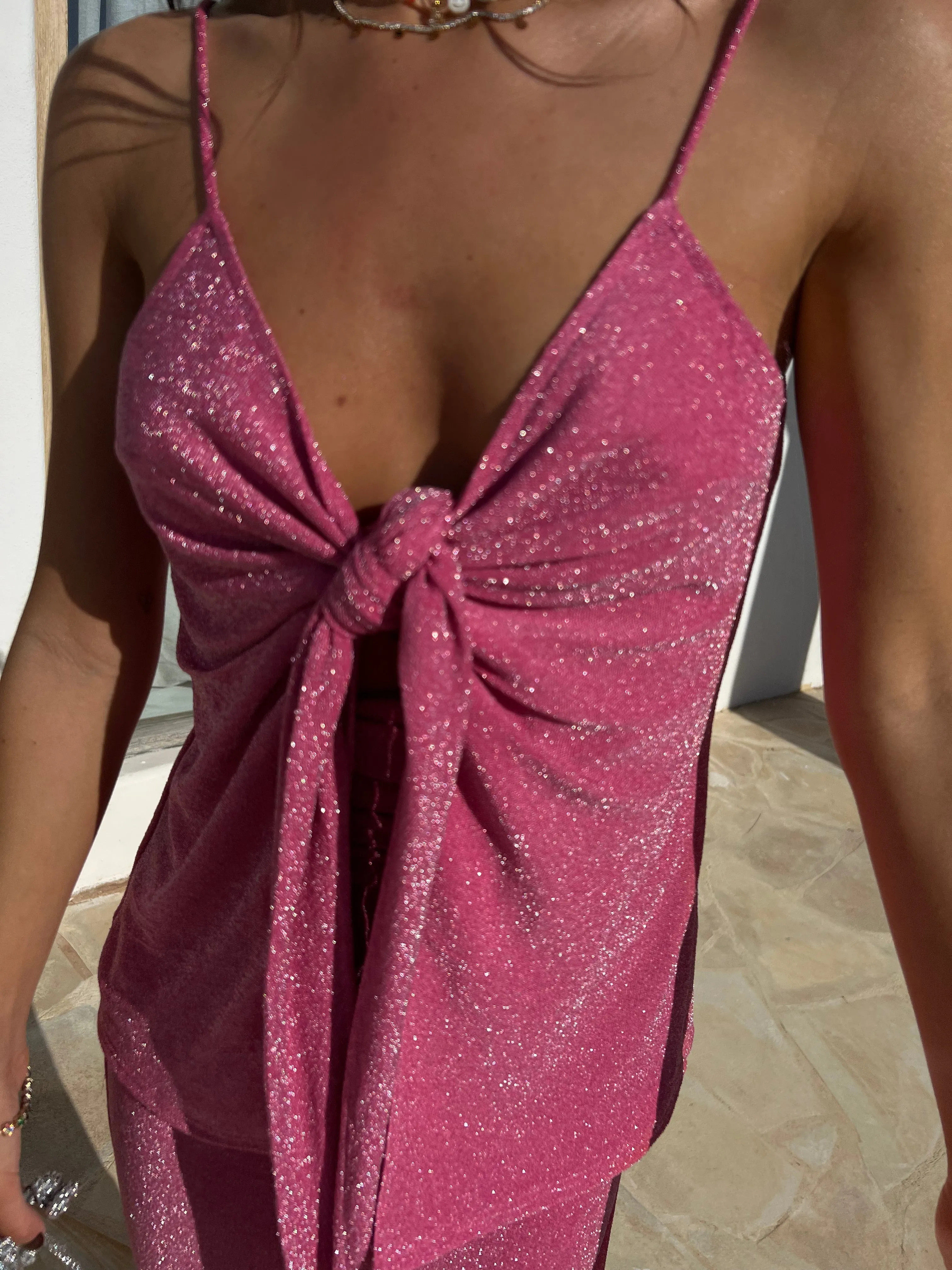 Pink Sparkle Tie Front Top