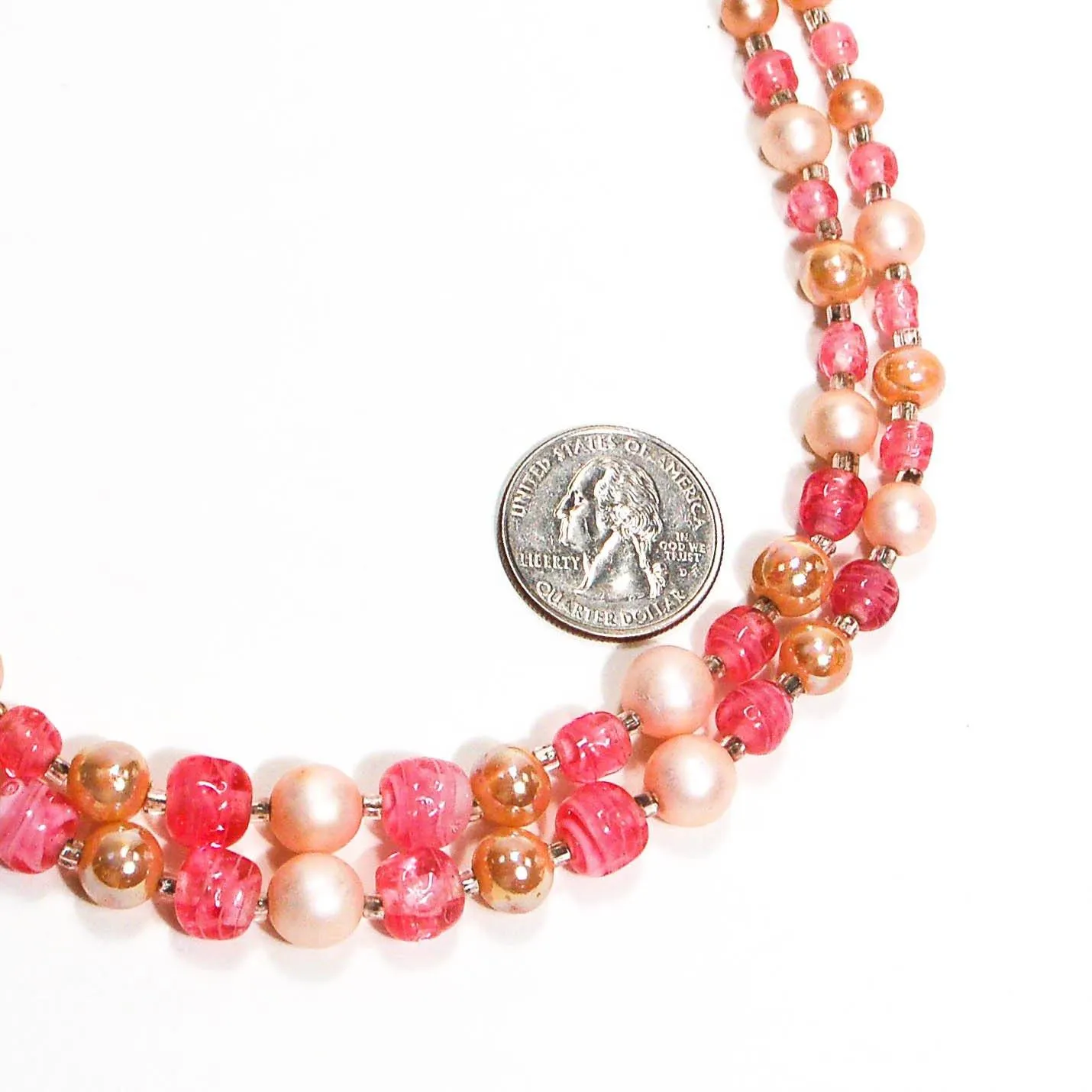 Pink White Pearl Double Strand Glass Bead Necklace Signed Japan Mid Century Modern Glamour