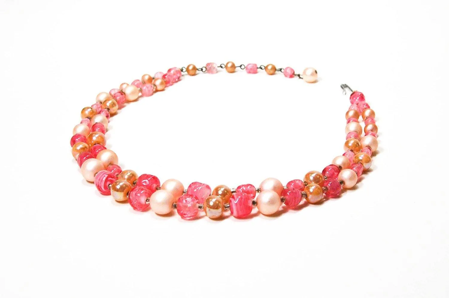 Pink White Pearl Double Strand Glass Bead Necklace Signed Japan Mid Century Modern Glamour
