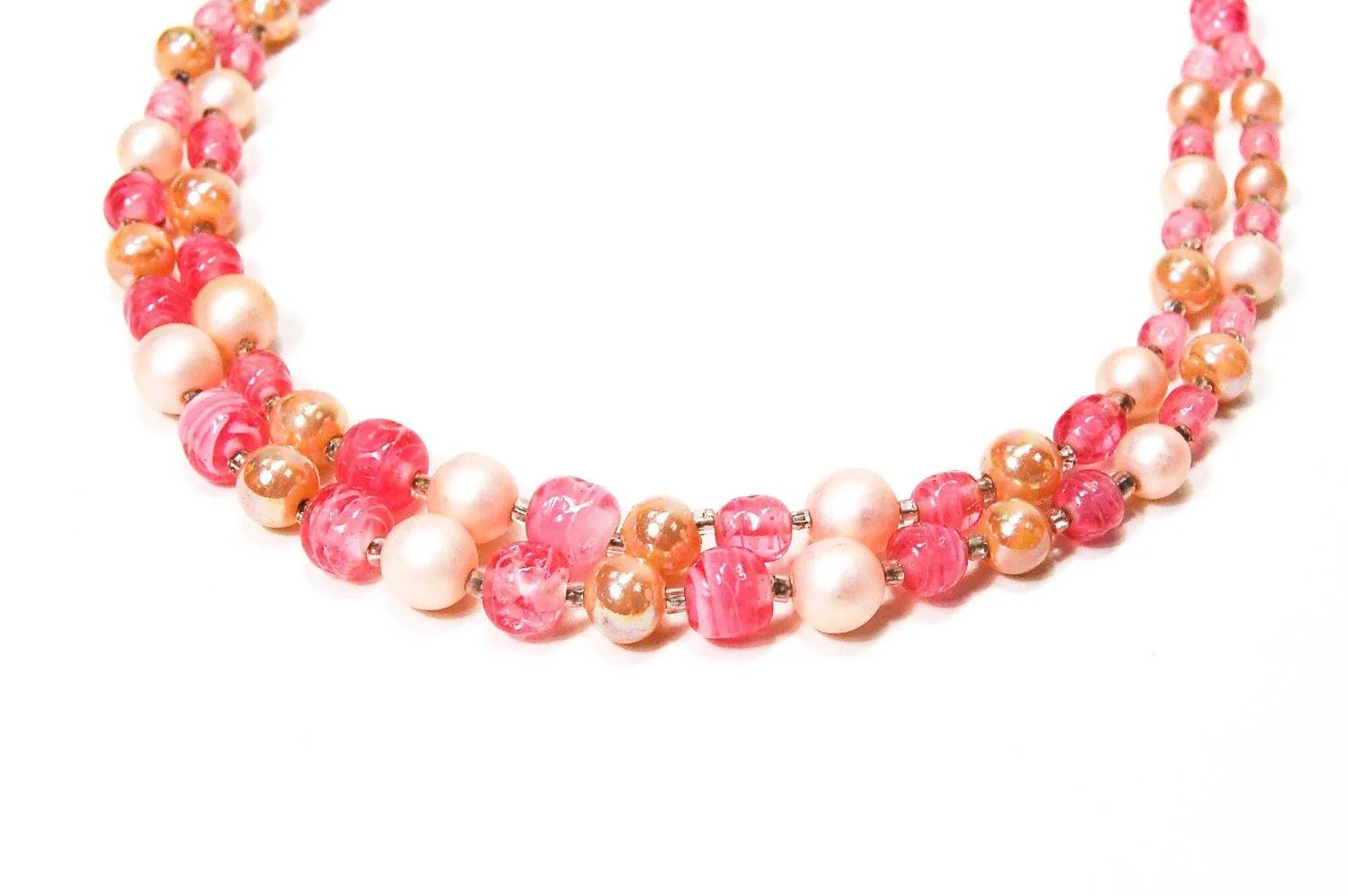 Pink White Pearl Double Strand Glass Bead Necklace Signed Japan Mid Century Modern Glamour