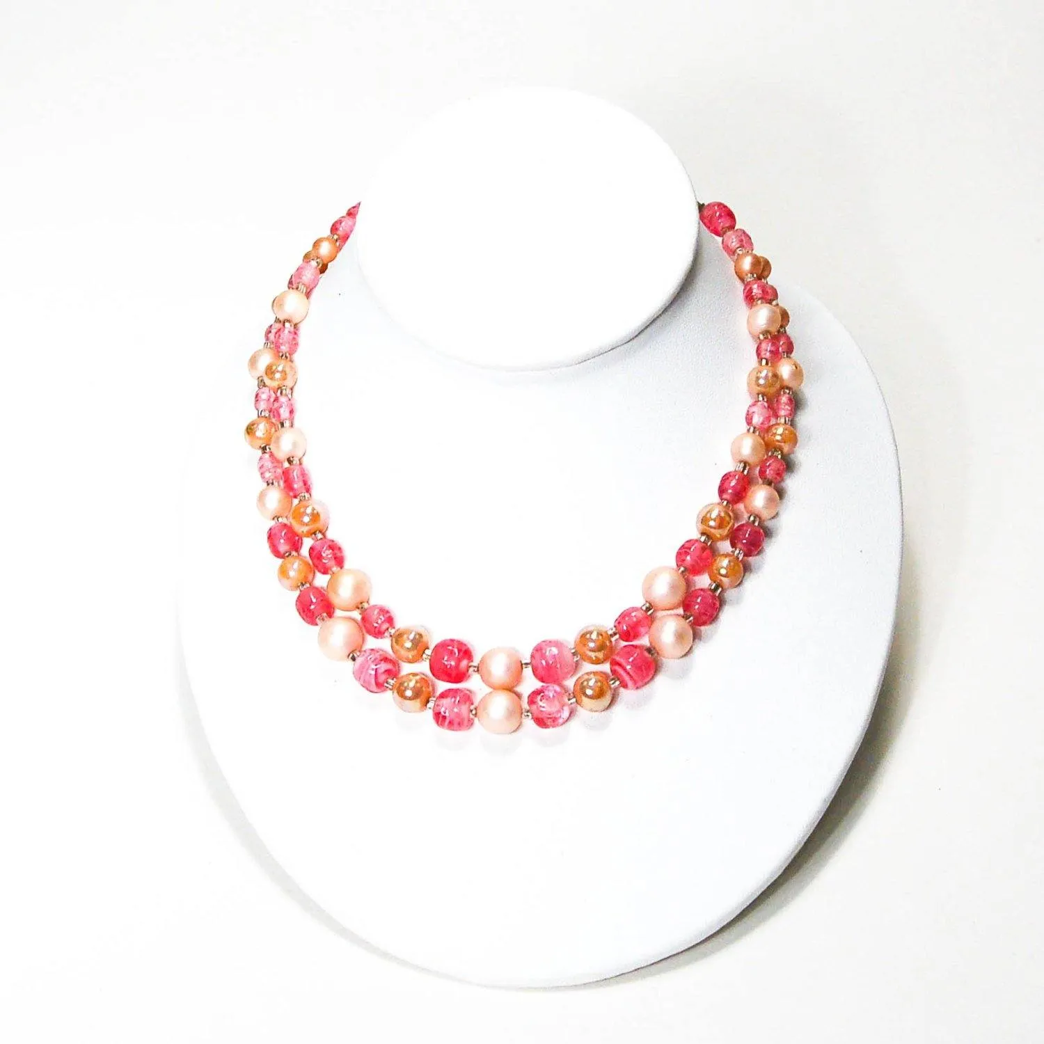 Pink White Pearl Double Strand Glass Bead Necklace Signed Japan Mid Century Modern Glamour
