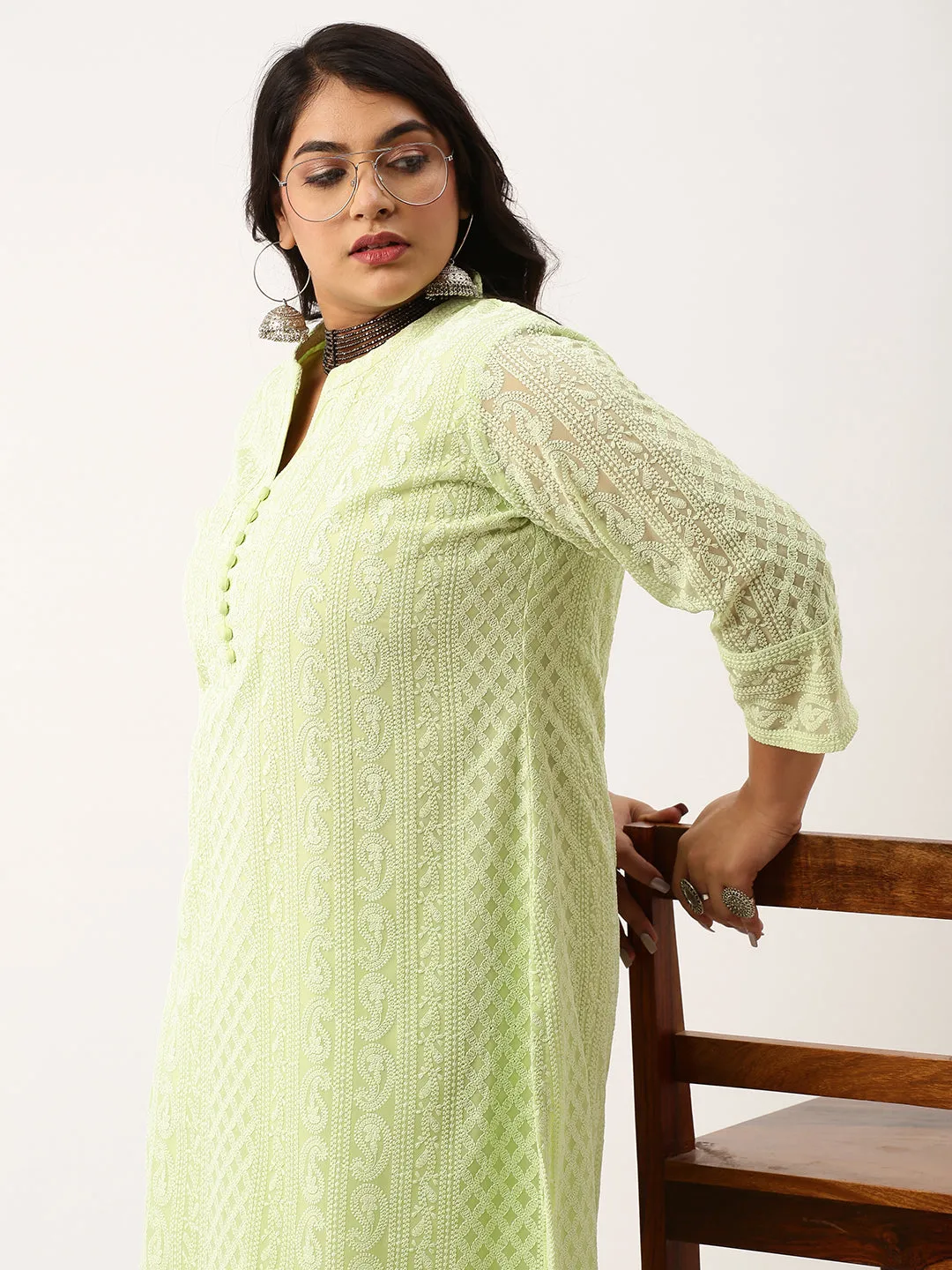 Pista Green Paisley Embroidered Georgette Lucknowi Chikankari Kurta For Women - ZOLA