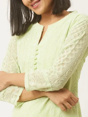 Pista Green Paisley Embroidered Georgette Lucknowi Chikankari Kurta For Women - ZOLA