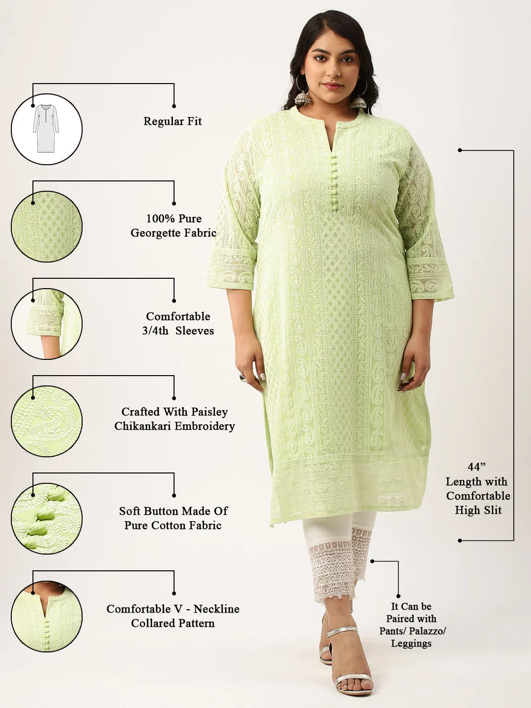 Pista Green Paisley Embroidered Georgette Lucknowi Chikankari Kurta For Women - ZOLA