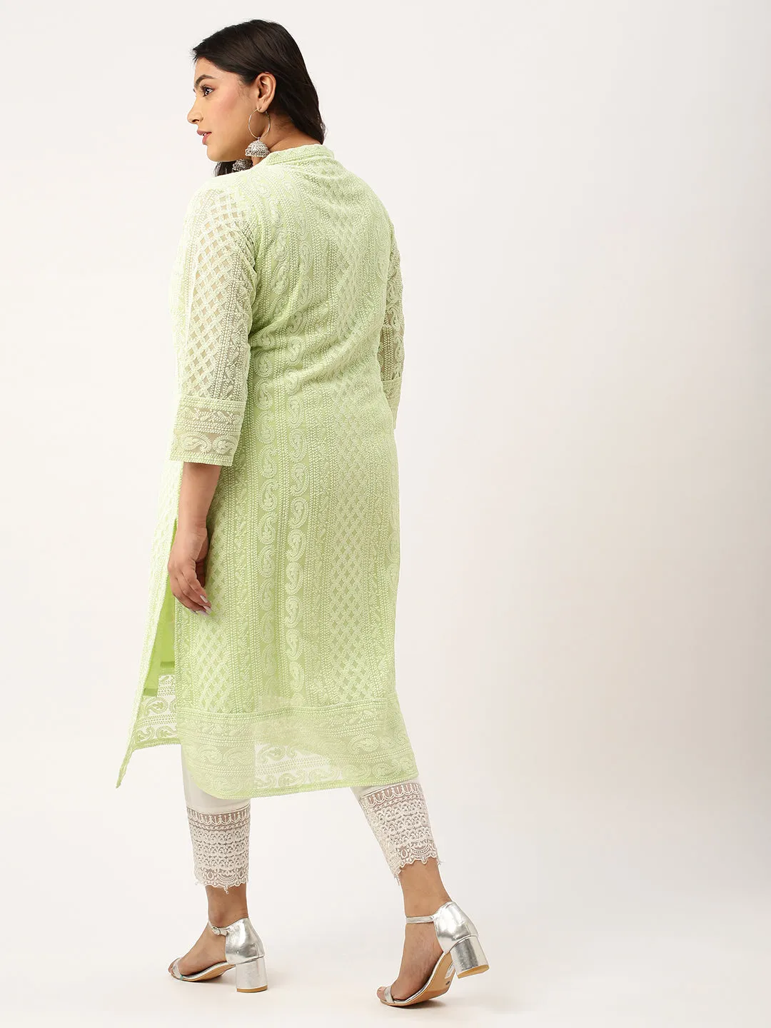 Pista Green Paisley Embroidered Georgette Lucknowi Chikankari Kurta For Women - ZOLA