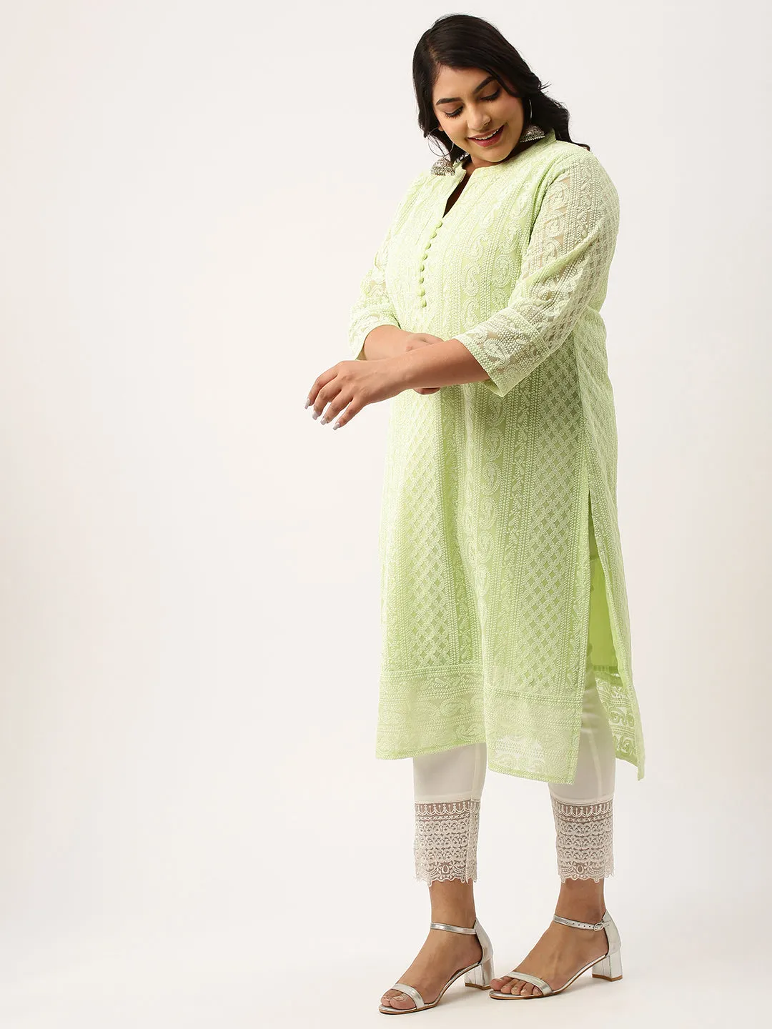Pista Green Paisley Embroidered Georgette Lucknowi Chikankari Kurta For Women - ZOLA