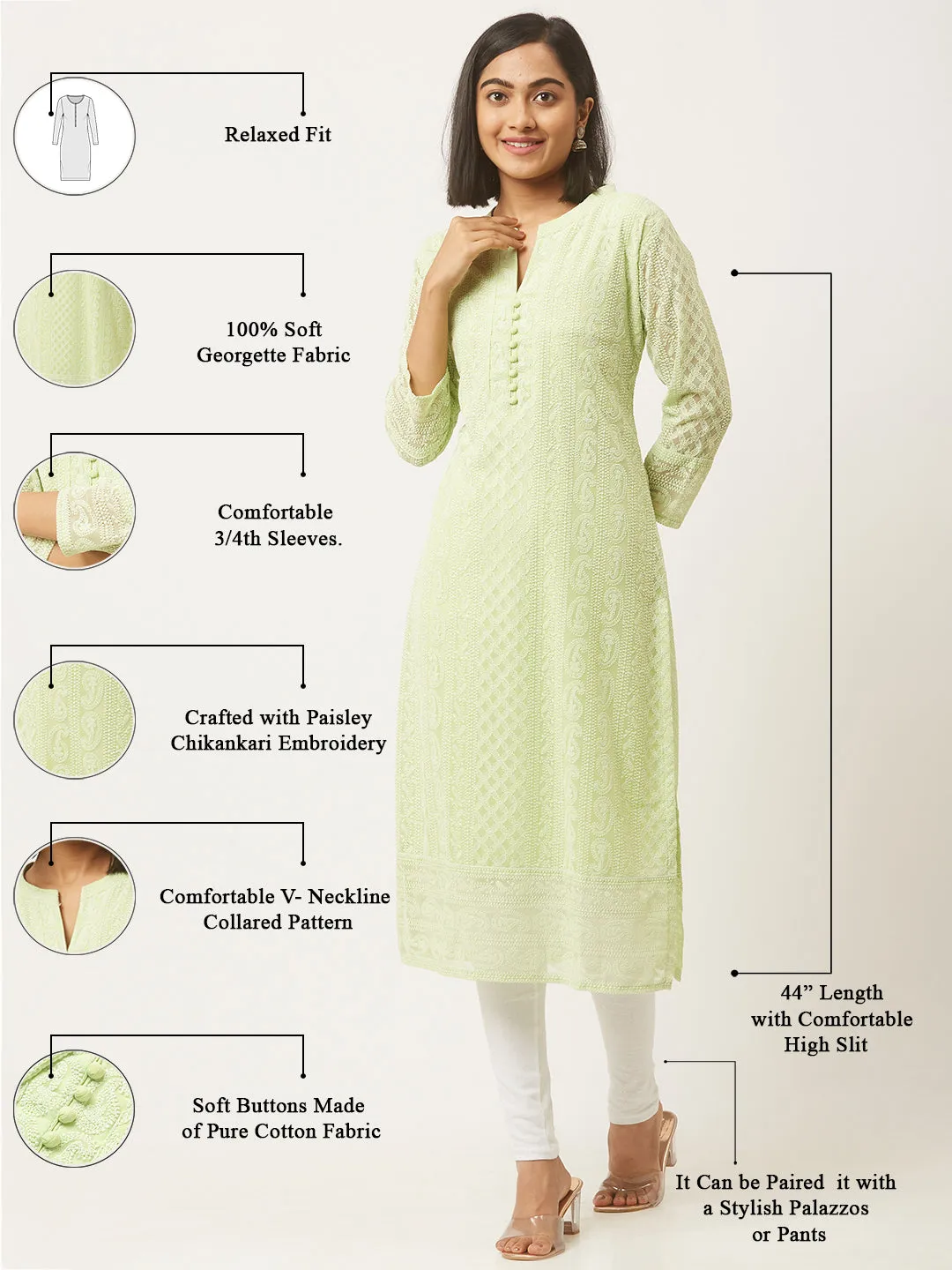 Pista Green Paisley Embroidered Georgette Lucknowi Chikankari Kurta For Women - ZOLA