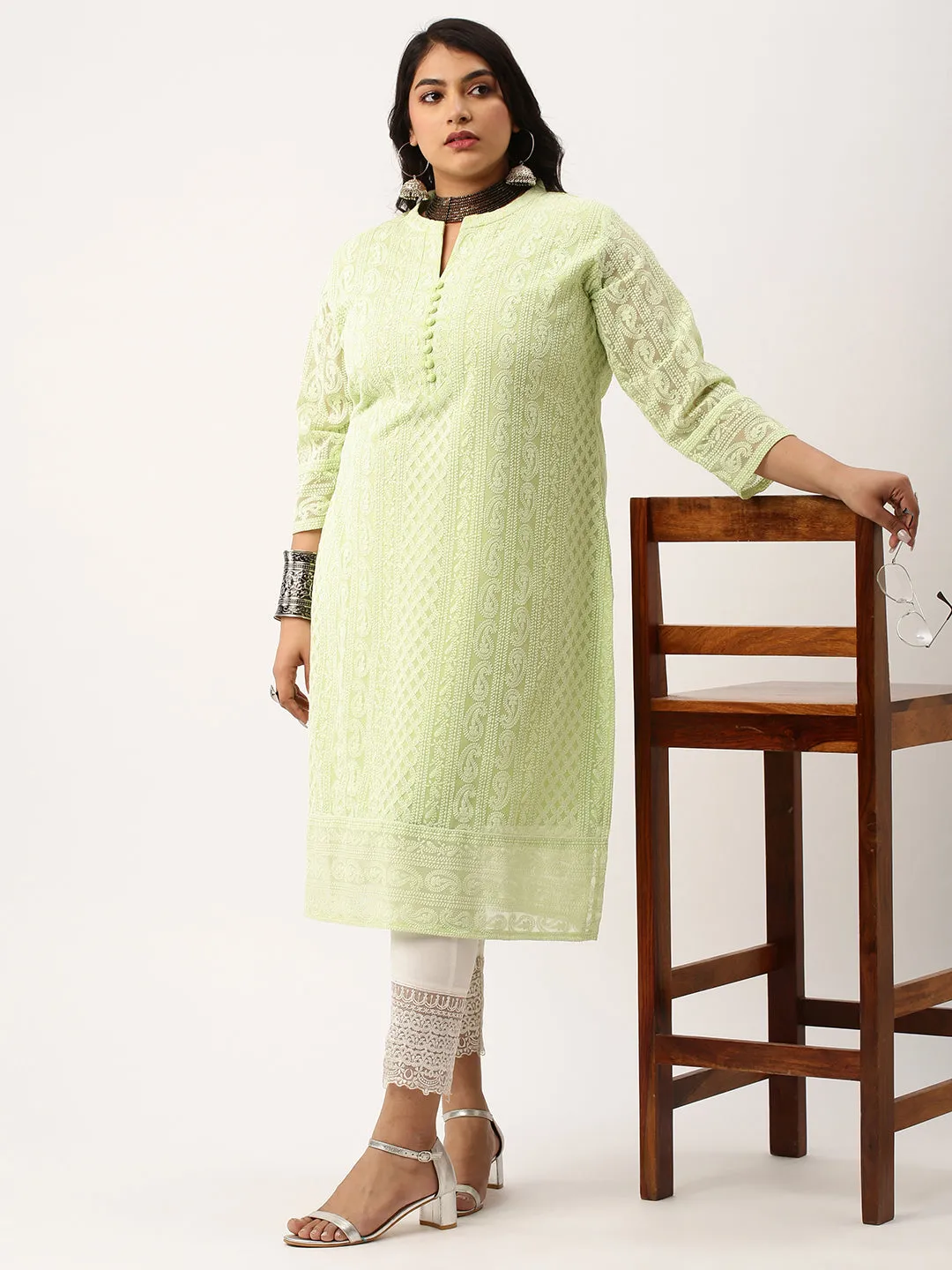 Pista Green Paisley Embroidered Georgette Lucknowi Chikankari Kurta For Women - ZOLA