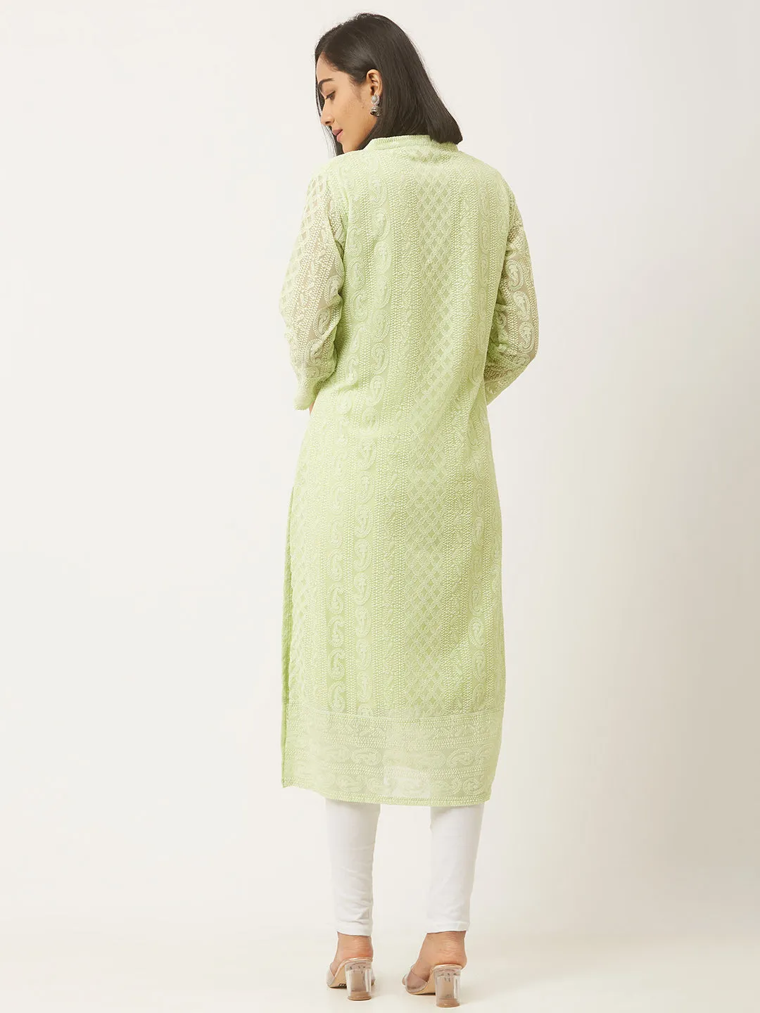 Pista Green Paisley Embroidered Georgette Lucknowi Chikankari Kurta For Women - ZOLA