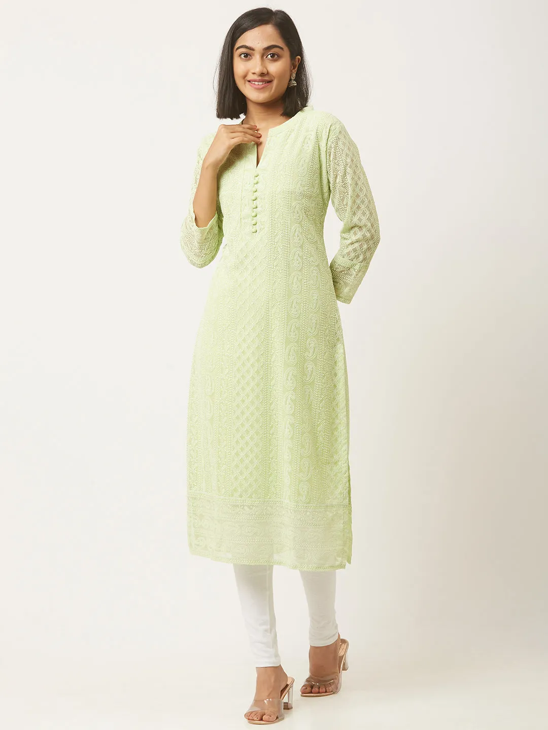 Pista Green Paisley Embroidered Georgette Lucknowi Chikankari Kurta For Women - ZOLA