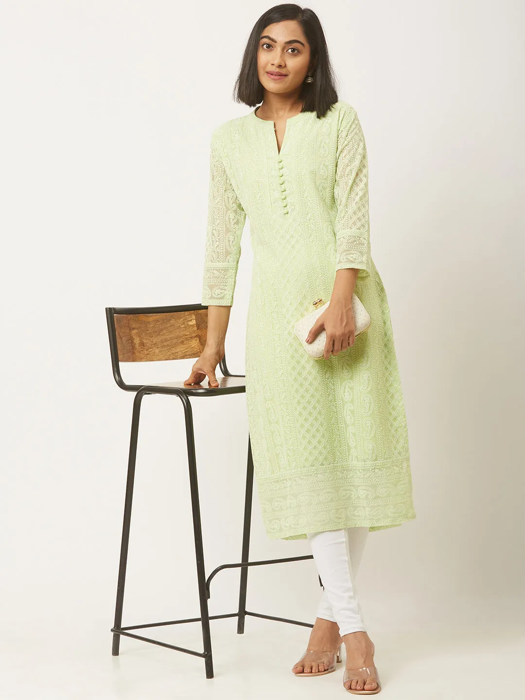 Pista Green Paisley Embroidered Georgette Lucknowi Chikankari Kurta For Women - ZOLA