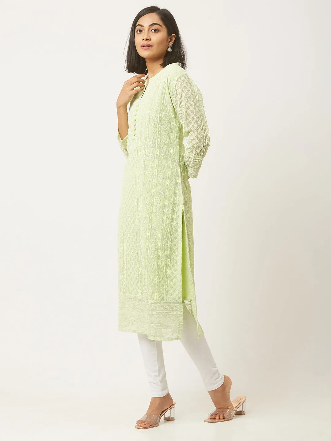 Pista Green Paisley Embroidered Georgette Lucknowi Chikankari Kurta For Women - ZOLA