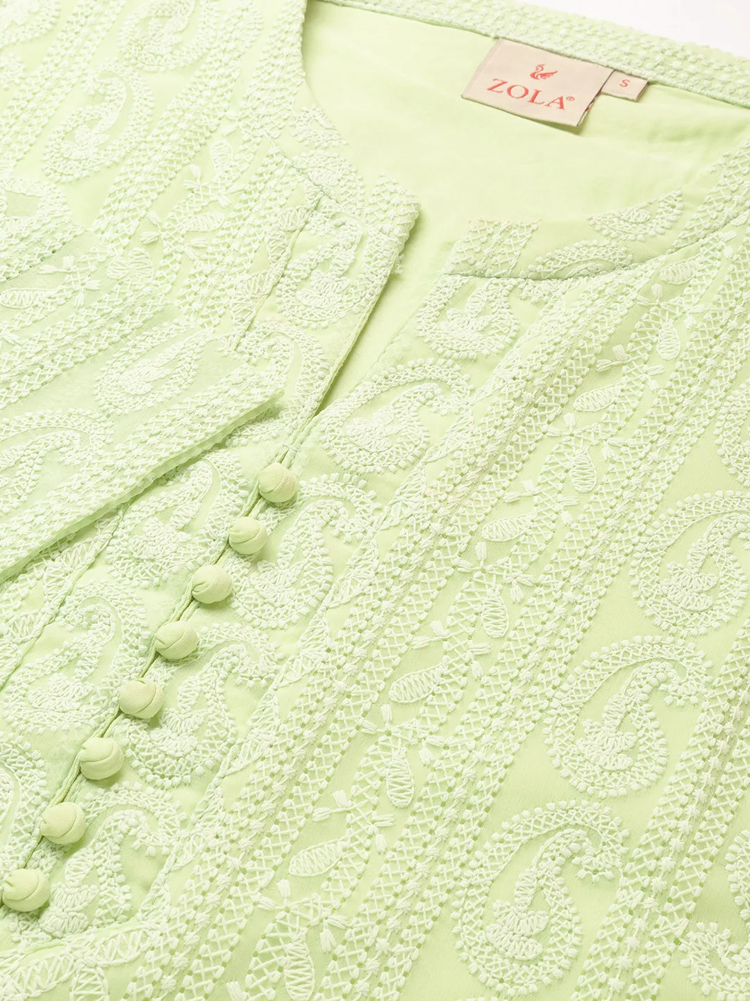 Pista Green Paisley Embroidered Georgette Lucknowi Chikankari Kurta For Women - ZOLA