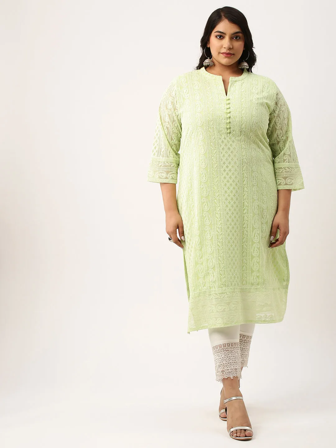 Pista Green Paisley Embroidered Georgette Lucknowi Chikankari Kurta For Women - ZOLA