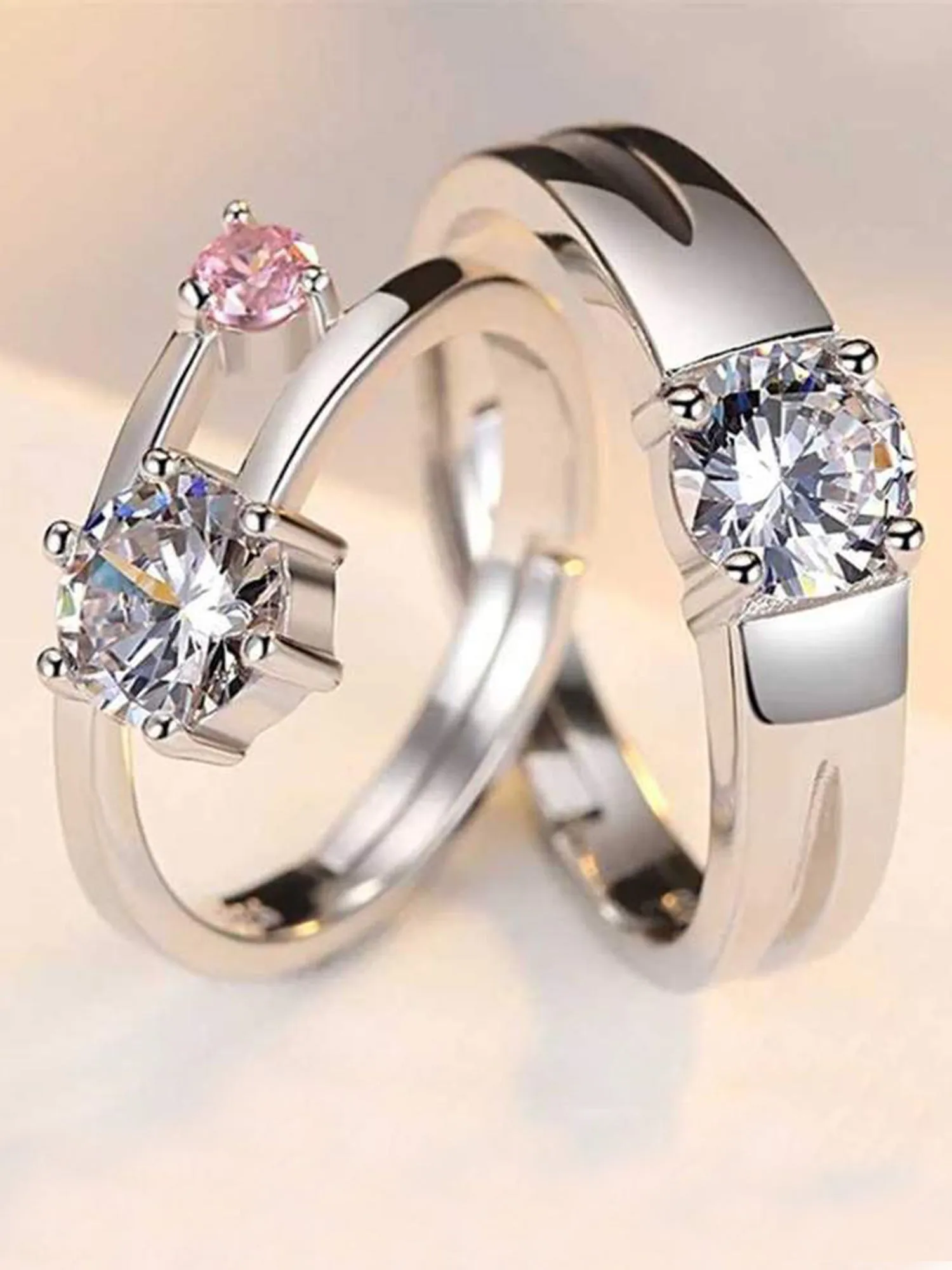 Platinum Plated Elegant Couple Adjustable Ring with Pink Stone