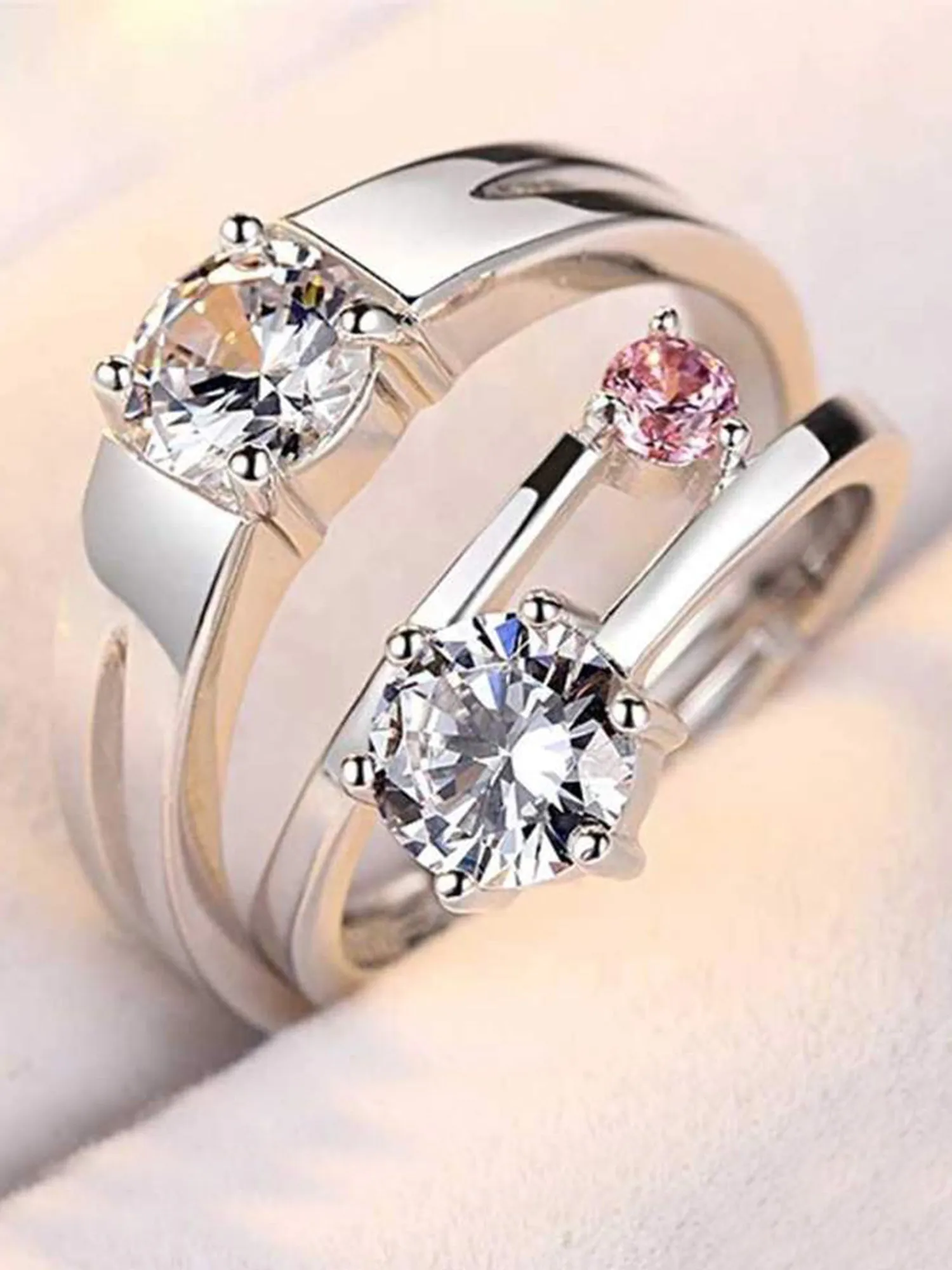 Platinum Plated Elegant Couple Adjustable Ring with Pink Stone