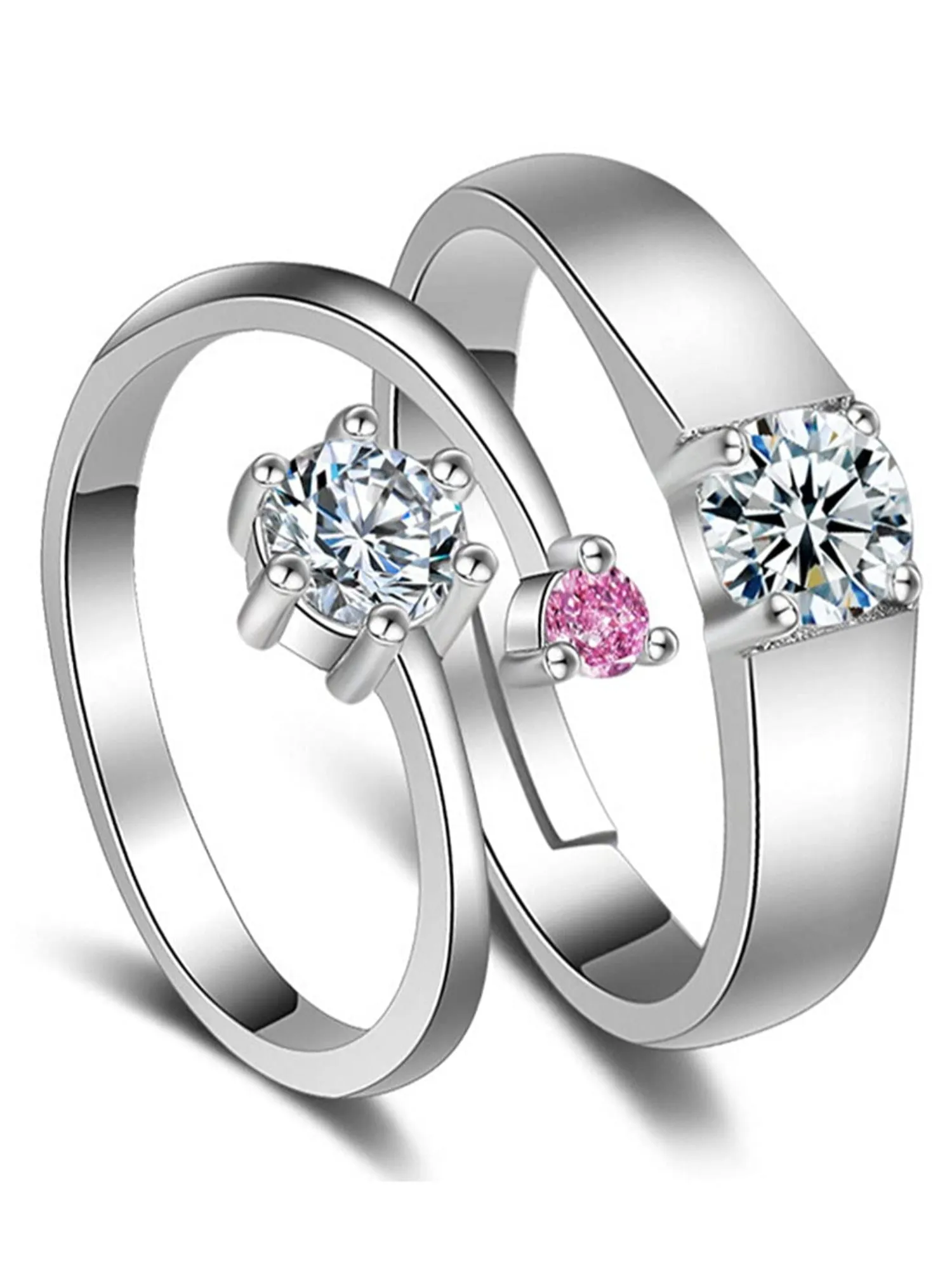 Platinum Plated Elegant Couple Adjustable Ring with Pink Stone