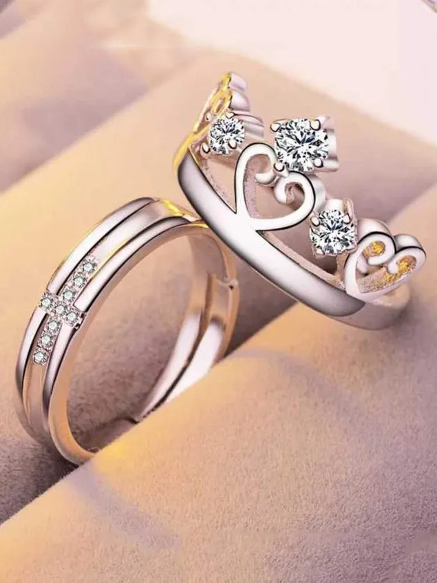 Platinum Plated Elegant King and Queen Couple Adjustable Band Ring
